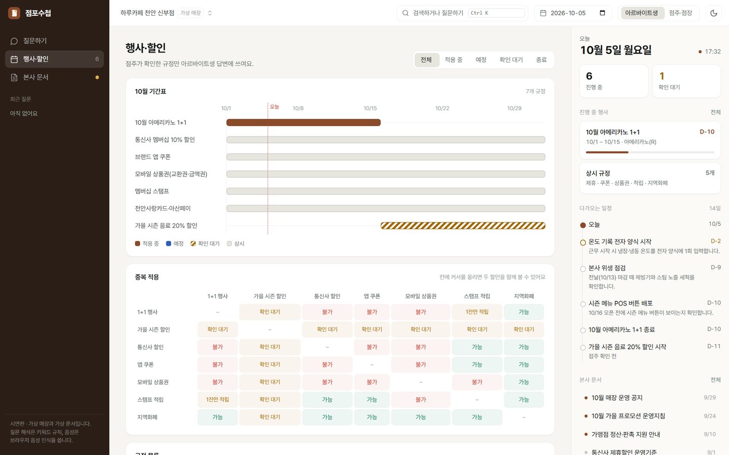 행사·할인 화면: 10월 기간표와 중복 적용표